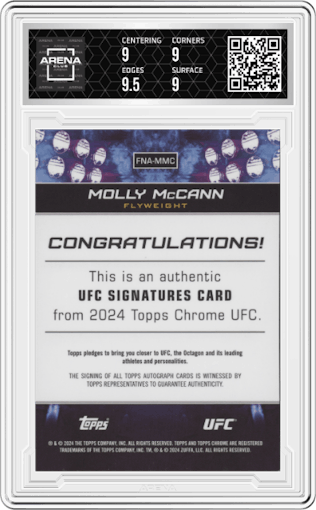 Molly McCann from the 2024 Topps Chrome UFC set featuring a Gold Refractor parallel graded by Arena Club and given an overall grade of 9.