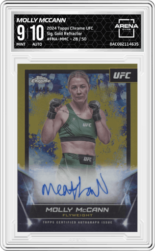 Molly McCann from the 2024 Topps Chrome UFC set featuring a Gold Refractor parallel graded by Arena Club and given an overall grade of 9.