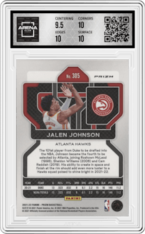 Jalen Johnson from the 2021-22 Panini Prizm  set featuring a Silver Prizm parallel graded by Arena Club and given an overall grade of 10.
