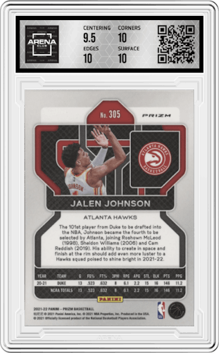 Jalen Johnson from the 2021-22 Panini Prizm  set featuring a Silver Prizm parallel graded by Arena Club and given an overall grade of 10.