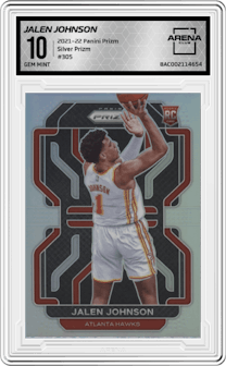 Jalen Johnson from the 2021-22 Panini Prizm  set featuring a Silver Prizm parallel graded by Arena Club and given an overall grade of 10.