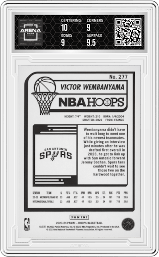 Victor Wembanyama from the 2023-24 Panini NBA Hoops set graded by Arena Club and given an overall grade of 9.5.