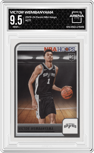 Victor Wembanyama from the 2023-24 Panini NBA Hoops set graded by Arena Club and given an overall grade of 9.5.