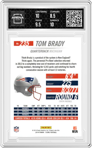 Tom Brady from the 2014 Panini Score set graded by Arena Club and given an overall grade of 9.