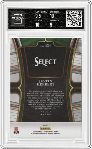 Justin Herbert from the 2023 Panini Select Draft Picks set featuring a Gold Prizm parallel graded by Arena Club and given an overall grade of 9.5.