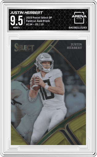 Justin Herbert from the 2023 Panini Select Draft Picks set featuring a Gold Prizm parallel graded by Arena Club and given an overall grade of 9.5.