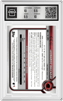 Leonardo Balcazar from the 2022 Bowman Chrome set featuring a Purple Ref. parallel graded by Arena Club and given an overall grade of 10.