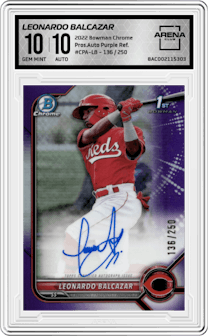 Leonardo Balcazar from the 2022 Bowman Chrome set featuring a Purple Ref. parallel graded by Arena Club and given an overall grade of 10.