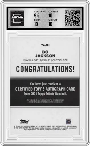 Bo Jackson from the 2024 Topps Tribute set featuring a Purple parallel graded by Arena Club and given an overall grade of 10.