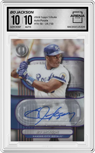 Bo Jackson from the 2024 Topps Tribute set featuring a Purple parallel graded by Arena Club and given an overall grade of 10.