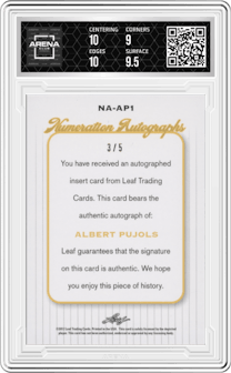 Albert Pujols from the 2012 Leaf Legends of Sport set graded by Arena Club and given an overall grade of 9.5.