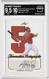 Albert Pujols from the 2012 Leaf Legends of Sport set graded by Arena Club and given an overall grade of 9.5.