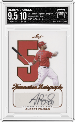 Albert Pujols from the 2012 Leaf Legends of Sport set graded by Arena Club and given an overall grade of 9.5.