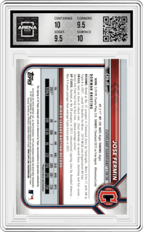 Jose Fermin from the 2022 Bowman set featuring a Orange Shimmer Refractor parallel graded by Arena Club and given an overall grade of 10.