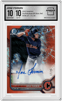 Jose Fermin from the 2022 Bowman set featuring a Orange Shimmer Refractor parallel graded by Arena Club and given an overall grade of 10.