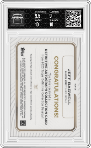 Jeff Bagwell from the 2023 Topps Definitive Collection set graded by Arena Club and given an overall grade of 9.5.