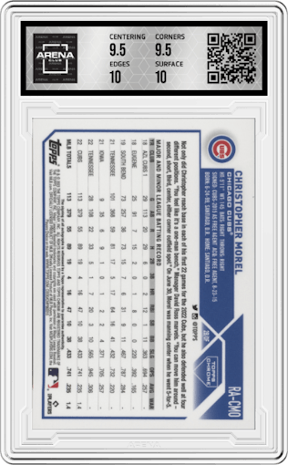 Christopher Morel from the 2023 Topps Chrome set featuring a Orange Refractor parallel graded by Arena Club and given an overall grade of 10.