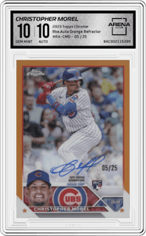Christopher Morel from the 2023 Topps Chrome set featuring a Orange Refractor parallel graded by Arena Club and given an overall grade of 10.