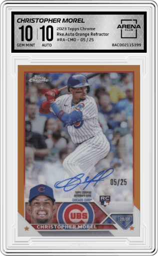 Christopher Morel from the 2023 Topps Chrome set featuring a Orange Refractor parallel graded by Arena Club and given an overall grade of 10.