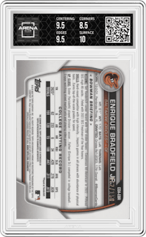 Enrique Bradfield Jr. from the 2023 Bowman Draft set featuring a Blue Refractor parallel graded by Arena Club and given an overall grade of 9.