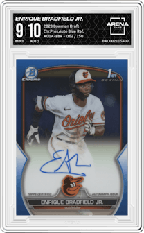 Enrique Bradfield Jr. from the 2023 Bowman Draft set featuring a Blue Refractor parallel graded by Arena Club and given an overall grade of 9.