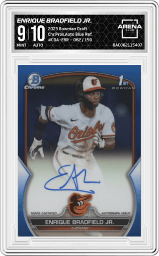 Enrique Bradfield Jr. from the 2023 Bowman Draft set featuring a Blue Refractor parallel graded by Arena Club and given an overall grade of 9.