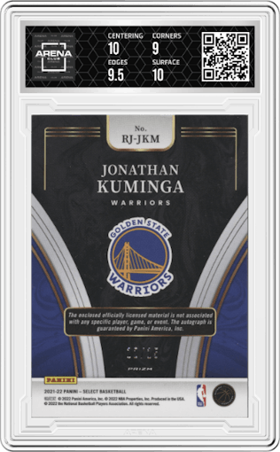 Jonathan Kuminga from the 2021-22 Panini Select set featuring a Purple Pulsar parallel graded by Arena Club and given an overall grade of 9.5.