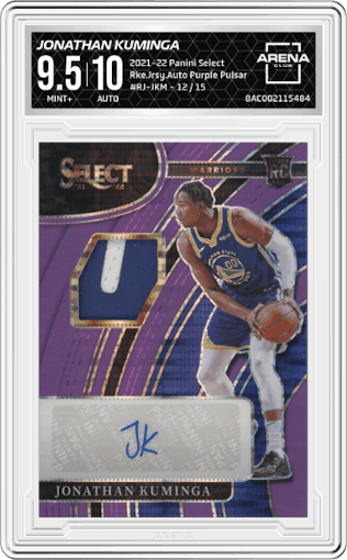 Jonathan Kuminga from the 2021-22 Panini Select set featuring a Purple Pulsar parallel graded by Arena Club and given an overall grade of 9.5.