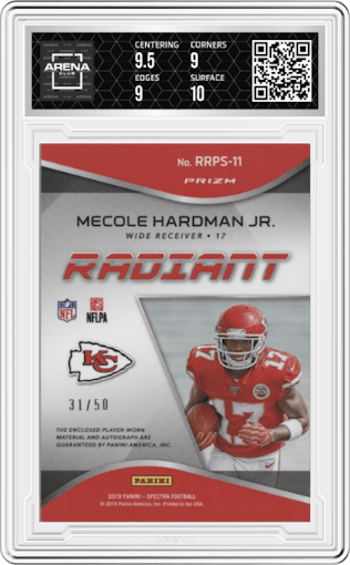 Mecole Hardman Jr. from the 2019 Panini Spectra set featuring a Neon Green parallel graded by Arena Club and given an overall grade of 9.5.