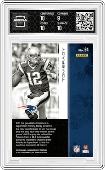 Tom Brady from the 2017 Panini Donruss Elite set featuring a Purple parallel graded by Arena Club and given an overall grade of 9.5.