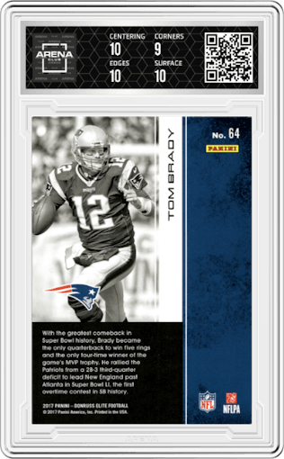 Tom Brady from the 2017 Panini Donruss Elite set featuring a Purple parallel graded by Arena Club and given an overall grade of 9.5.