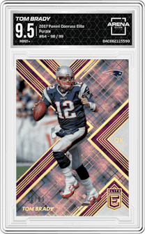 Tom Brady from the 2017 Panini Donruss Elite set featuring a Purple parallel graded by Arena Club and given an overall grade of 9.5.