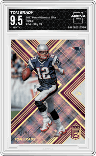 Tom Brady from the 2017 Panini Donruss Elite set featuring a Purple parallel graded by Arena Club and given an overall grade of 9.5.