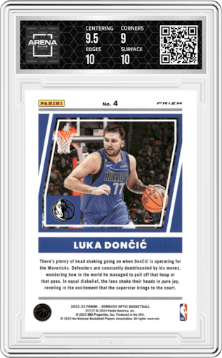 Luka Doncic from the 2022-23 Panini Donruss Optic  set featuring a Red parallel graded by Arena Club and given an overall grade of 9.5.
