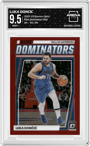 Luka Doncic from the 2022-23 Panini Donruss Optic  set featuring a Red parallel graded by Arena Club and given an overall grade of 9.5.
