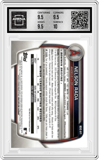 Nelson Rada from the 2023 Bowman Draft set featuring a Gold Refractor parallel graded by Arena Club and given an overall grade of 10.