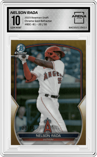 Nelson Rada from the 2023 Bowman Draft set featuring a Gold Refractor parallel graded by Arena Club and given an overall grade of 10.