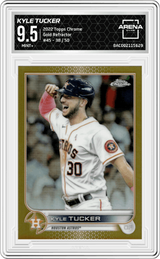Kyle Tucker from the 2022 Topps Chrome set featuring a Gold Refractor parallel graded by Arena Club and given an overall grade of 9.5.