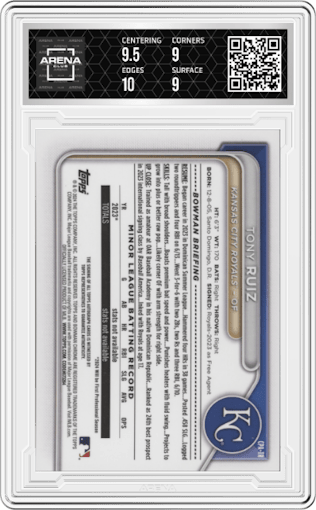 Tony Ruiz from the 2024 Bowman set featuring a Purple Refractor parallel graded by Arena Club and given an overall grade of 9.5.