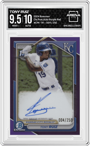 Tony Ruiz from the 2024 Bowman set featuring a Purple Refractor parallel graded by Arena Club and given an overall grade of 9.5.