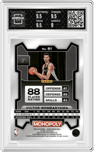 Victor Wembanyama from the 2023-24 Panini Prizm Monopoly set graded by Arena Club and given an overall grade of 9.5.