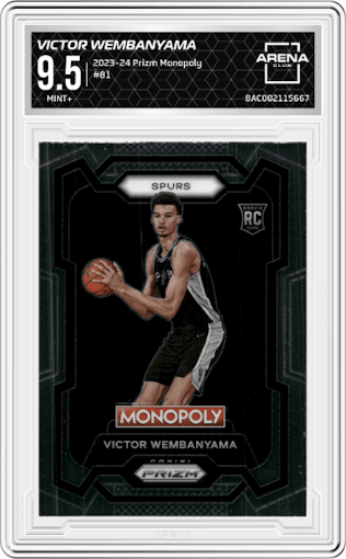 Victor Wembanyama from the 2023-24 Panini Prizm Monopoly set graded by Arena Club and given an overall grade of 9.5.