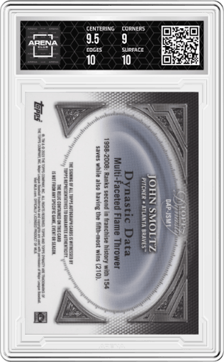John Smoltz from the 2023 Topps Dynasty set graded by Arena Club and given an overall grade of 9.5.