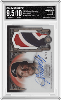 John Smoltz from the 2023 Topps Dynasty set graded by Arena Club and given an overall grade of 9.5.