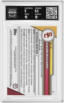 Caleb Williams from the 2023 Bowman Chrome University set graded by Arena Club and given an overall grade of 9.5.