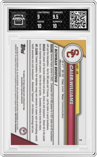 Caleb Williams from the 2023 Bowman Chrome University set graded by Arena Club and given an overall grade of 9.5.