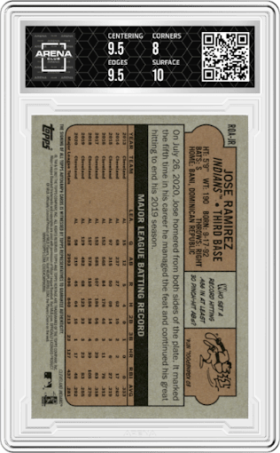 Jose Ramirez from the 2021 Topps Heritage set featuring a Special Edition Red Ink parallel graded by Arena Club and given an overall grade of 8.5.