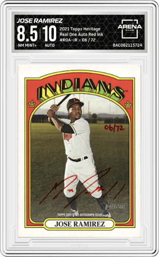 Jose Ramirez from the 2021 Topps Heritage set featuring a Special Edition Red Ink parallel graded by Arena Club and given an overall grade of 8.5.
