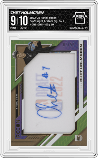 Chet Holmgren from the 2022-23 Panini Recon set featuring a Gold parallel graded by Arena Club and given an overall grade of 9.