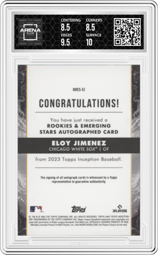 Eloy Jimenez from the 2023 Topps Inception set featuring a Orange parallel graded by Arena Club and given an overall grade of 9.